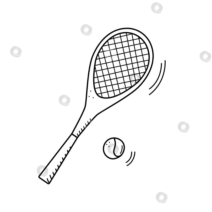 Скачать Теннисная ракетка и теннисный мяч в стиле каракулей выделены на белом фоне. Векторная иллюстрация спортивного инвентаря для игры в теннис. фотосток Ozero