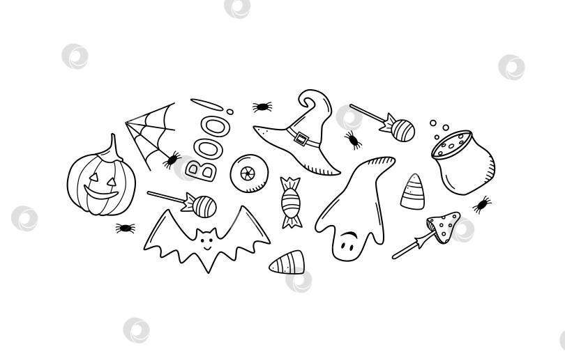 Скачать Мультяшный набор иконок Хэллоуина, векторная иллюстрация каракулями, элементы праздника день мертвых. фотосток Ozero
