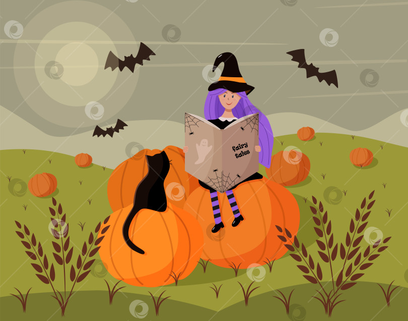Скачать Девушка в костюме ведьмы сидит на тыкве с кошкой и книгой. Сцена из мультфильма на Хэллоуин. Векторная иллюстрация пшеничного поля с тыквами и летучими мышами. фотосток Ozero