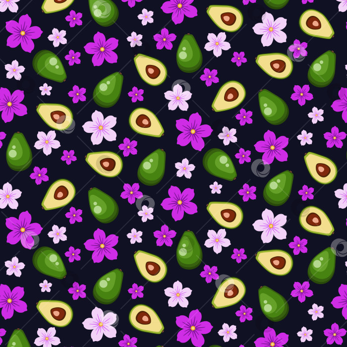 Скачать Узор с авокадо, розовыми цветами на темно-синем фоне фотосток Ozero