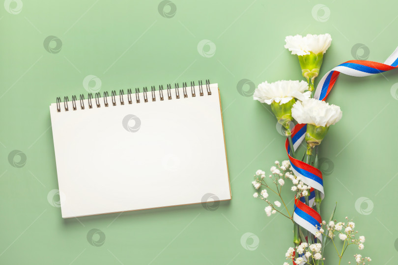 Скачать Белые гвоздики и гипсофила с лентой российского флага на зеленом фоне фотосток Ozero