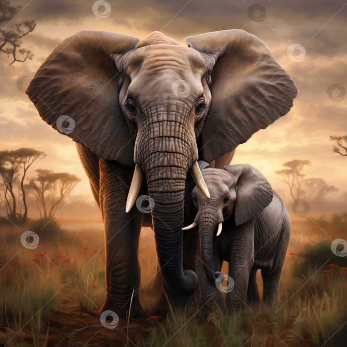 Скачать Слон и его детеныш в саванне, AI фотосток Ozero