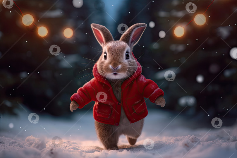 Скачать Рождественский кролик бежит по заснеженному сосновому лесу. Генеративный искусственный интеллект. фотосток Ozero