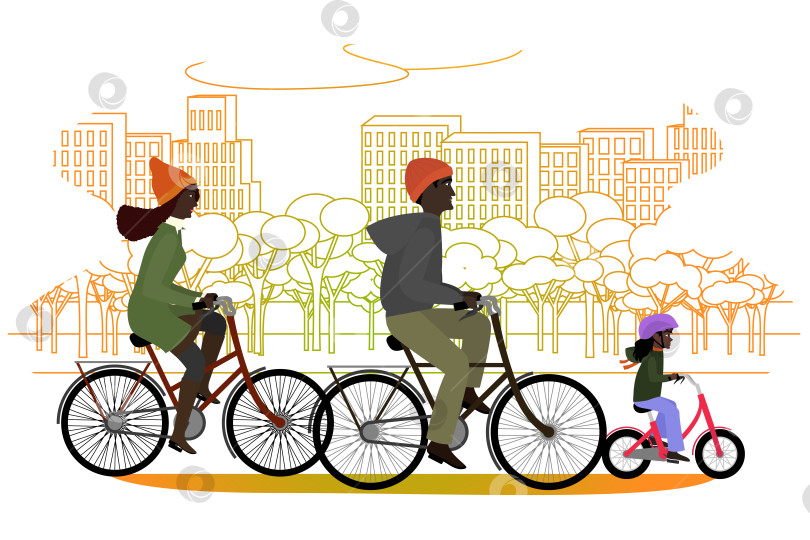 Скачать Черная семья катается на велосипедах осенью на фоне городских очертаний фотосток Ozero