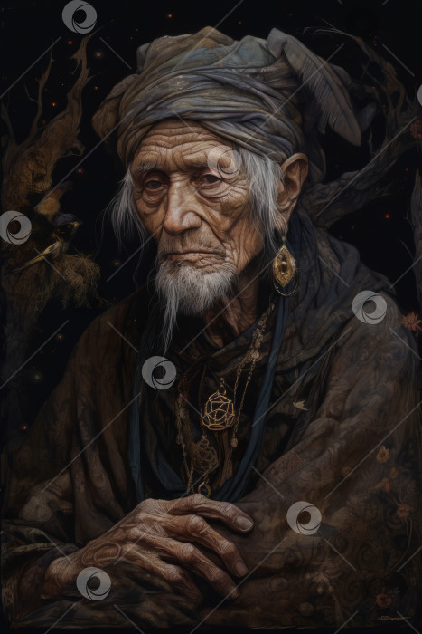 Скачать Портрет старого шамана. Сгенерированный искусственным интеллектом фотосток Ozero