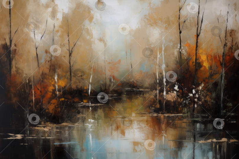 Скачать Лесной пруд во время осеннего листопада, иллюстрация в стиле масляной живописи. Сгенерированный искусственным интеллектом фотосток Ozero