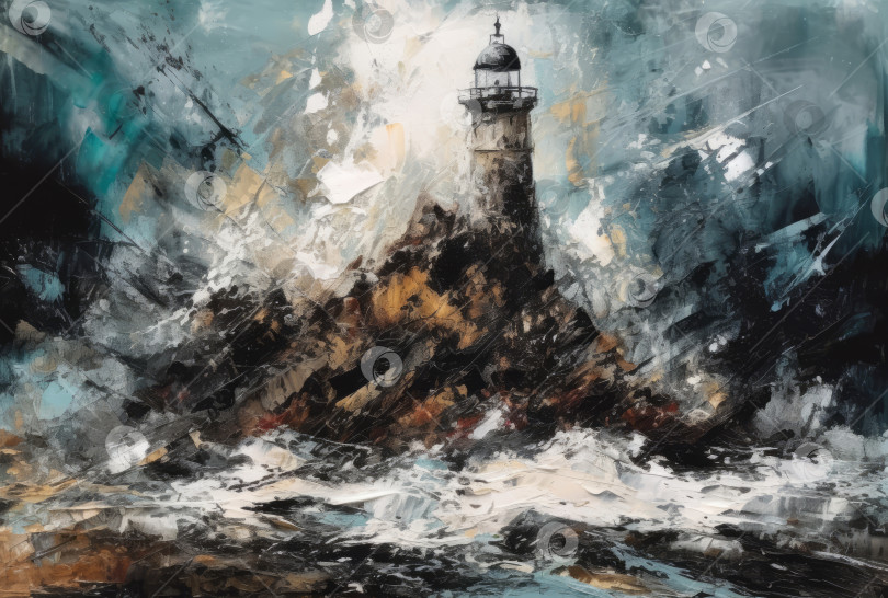 Скачать Старый маяк на скалистом берегу во время сильного шторма, иллюстрация в стиле масляной живописи. Сгенерированный искусственным интеллектом фотосток Ozero
