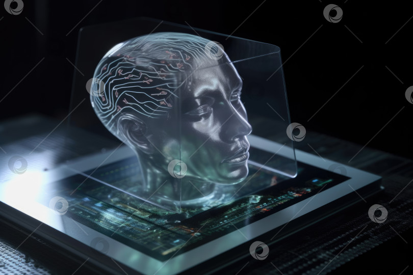 Скачать Нейронная связь между мозгом и компьютером. Генеративный искусственный интеллект. фотосток Ozero
