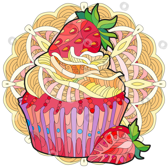 Скачать Векторный кусок торта с клубникой и абстрактными орнаментами на круглой подложке с рисунком. фотосток Ozero