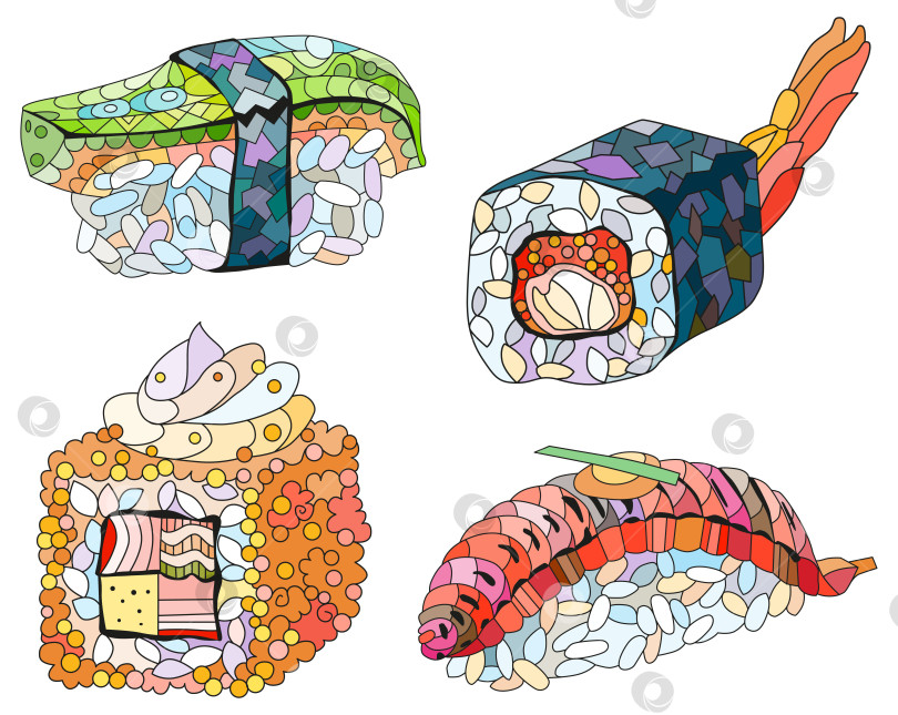 Скачать Набор суши "зентангл". Нарисованная от руки декоративная векторная иллюстрация фотосток Ozero