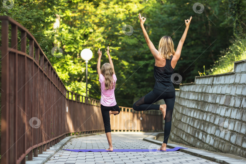 Скачать Мама и дочь ведущие здоровый образ жизни и практикующие йогу, выполняют упражнение Врикшасана, поза дерева с поднятыми вверх руками и показывающими символ Джняна Мудра, стоят на коврике в парке фотосток Ozero