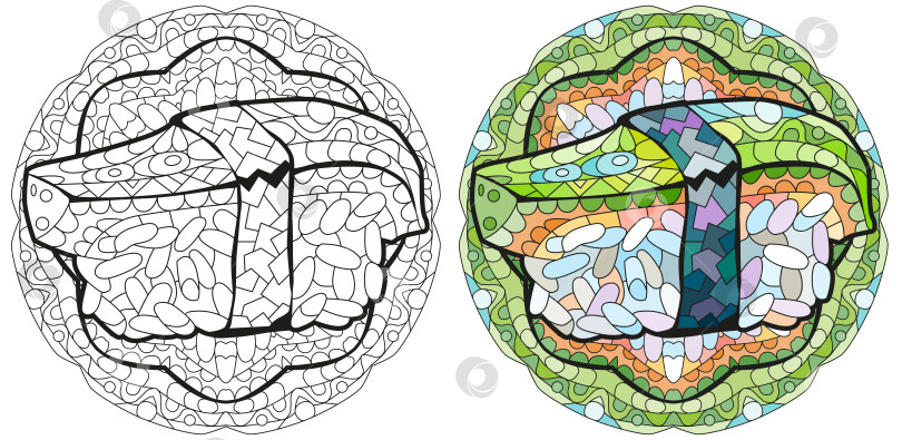 Скачать Измельчите авокадо нигири. Нарисованная от руки декоративная векторная иллюстрация с мандалой для раскрашивания. Набор цветов и контуров фотосток Ozero