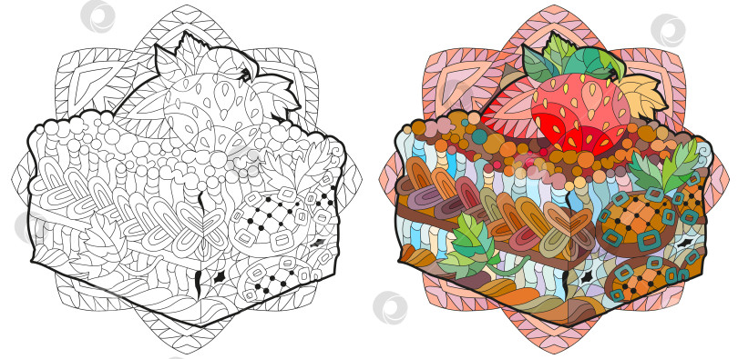 Скачать Векторный кусок торта с абстрактными орнаментами и мандалой для раскрашивания. Набор цветов и контуров фотосток Ozero