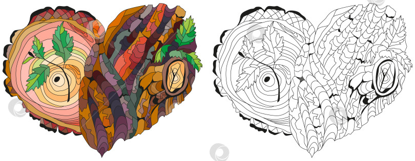 Скачать Схематичное сердечко из каракулей с текстурой древесной коры и молодыми побегами. Набор цветов и контуров фотосток Ozero