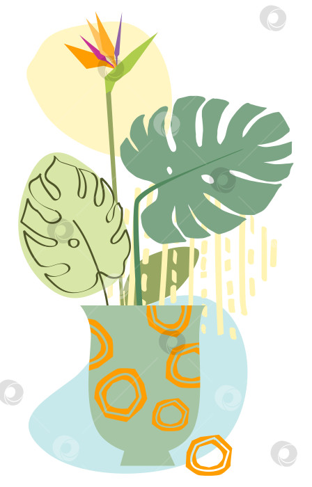 Скачать Абстрактные плакаты с вазами. Модный коллаж-натюрморт с горшком, фруктами, вазой и тропическим пальмовым листом фотосток Ozero