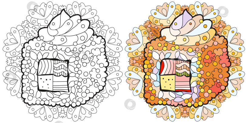 Скачать Суши в форме зентангла с мандалой. Нарисованная от руки декоративная векторная иллюстрация для раскрашивания. Набор цветов и контуров фотосток Ozero
