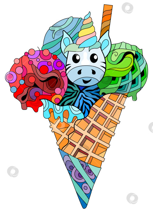 Скачать Нарисованное от руки красочное мороженое zentangle с иллюстрацией головы единорога фотосток Ozero
