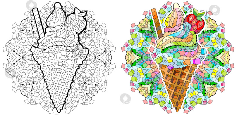 Скачать Мороженое с мандалой нарисовано черно-белым контуром для раскраски. Набор цветов и контуров фотосток Ozero