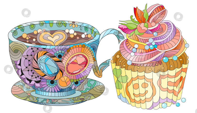 Скачать Векторная кофейная или чайная чашка с тортом и абстрактными орнаментами. фотосток Ozero