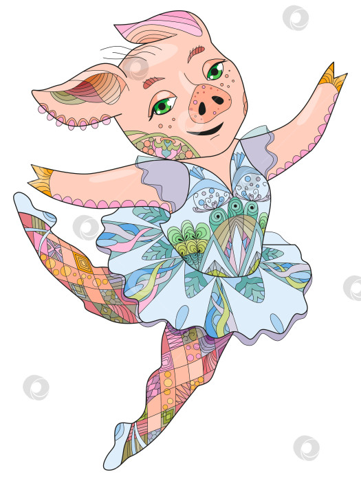 Скачать Стилизованная под зентангл свинья-балерина. Нарисованная от руки декоративная векторная иллюстрация фотосток Ozero