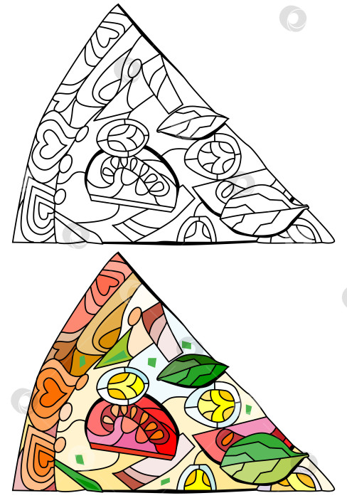 Скачать Кусочек пиццы, декоративная векторная иллюстрация в виде зентангла для раскрашивания. Набор цветов и контуров фотосток Ozero