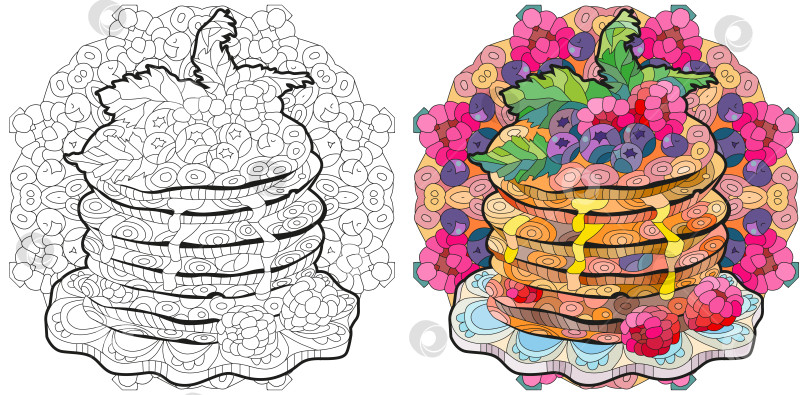 Скачать Векторные блинчики с малиной, черникой и листьями мяты на мандале для раскрашивания. Набор цветов и контуров фотосток Ozero