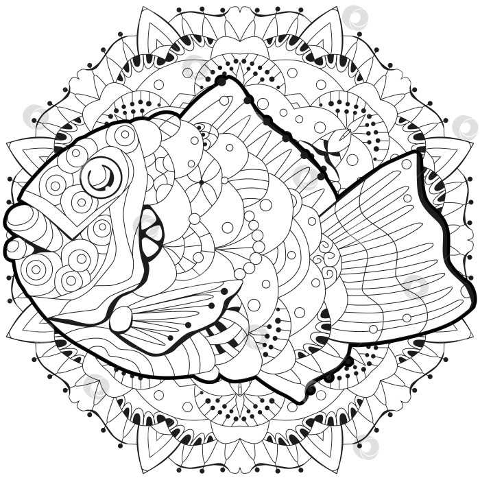 Скачать Симпатичный элемент рыбного хлеба Тайяки с каракулями на мандале. Выделенный на белом фоне для раскрашивания фотосток Ozero