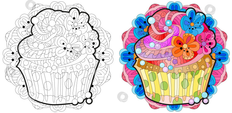 Скачать Векторный кусок торта с абстрактными орнаментами и мандалой для раскрашивания. Набор цветов и контуров фотосток Ozero