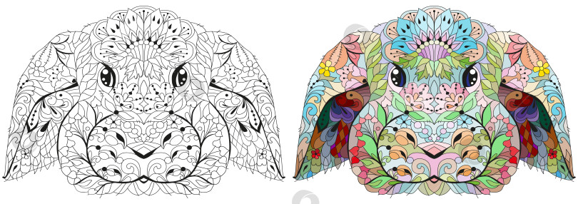 Скачать Треугольная кроличья голова. Нарисованная от руки декоративная векторная иллюстрация для раскрашивания. Набор цветов и контуров фотосток Ozero