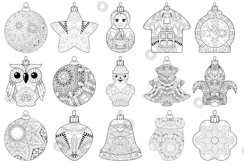 Скачать Набор рождественских украшений в стиле Zentangle. Векторная иллюстрация кружева, нарисованная от руки фотосток Ozero