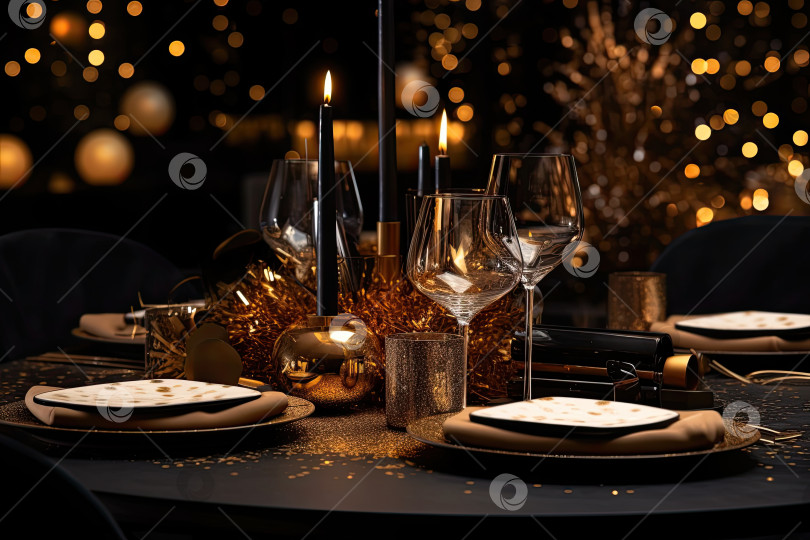 Скачать Новогодняя черная сервировка стола с золотыми украшениями на черном фоне для праздничного ужина и вечеринки. фотосток Ozero