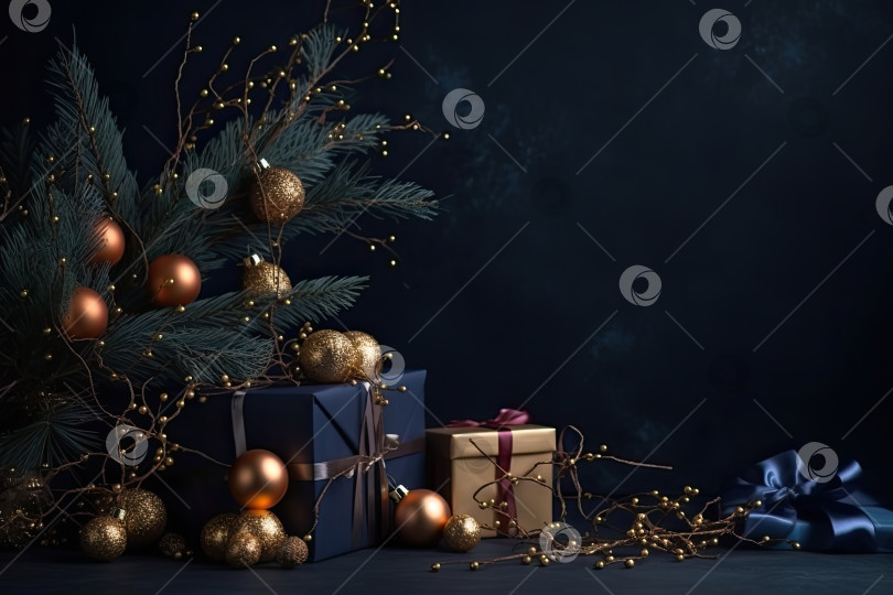 Скачать Рождественская поздравительная открытка с голубыми и золотыми стеклянными шарами на синем фоне. Генеративный искусственный интеллект. фотосток Ozero