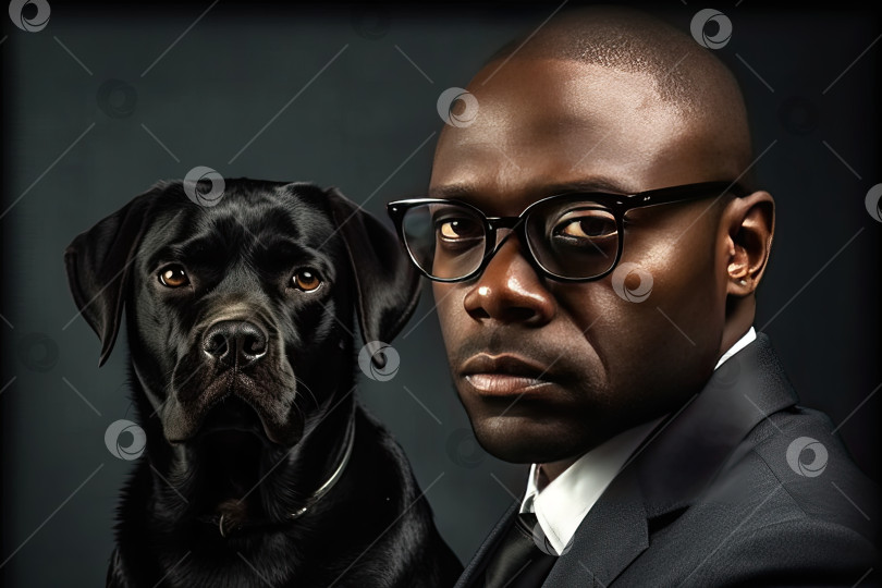 Скачать Портрет чернокожего мужчины и его друга-собаки. Концептуальная собака-помощник и друг. Генеративный искусственный интеллект. фотосток Ozero