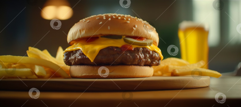 Скачать Juicy tasty hamburger on the table. Fast food image of a burger with grilled meat. Generated AI. фотосток Ozero