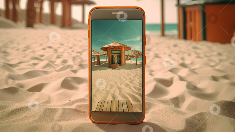Скачать Смартфон на песке пляжа. Сцена отдыха с телефоном на береговой линии. Генеративный искусственный интеллект. фотосток Ozero