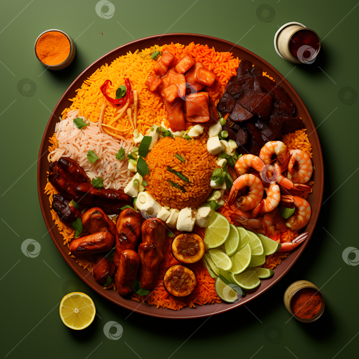Скачать Тайское блюдо с рисом, морепродуктами, мясом, лаймом и приправами, AI фотосток Ozero