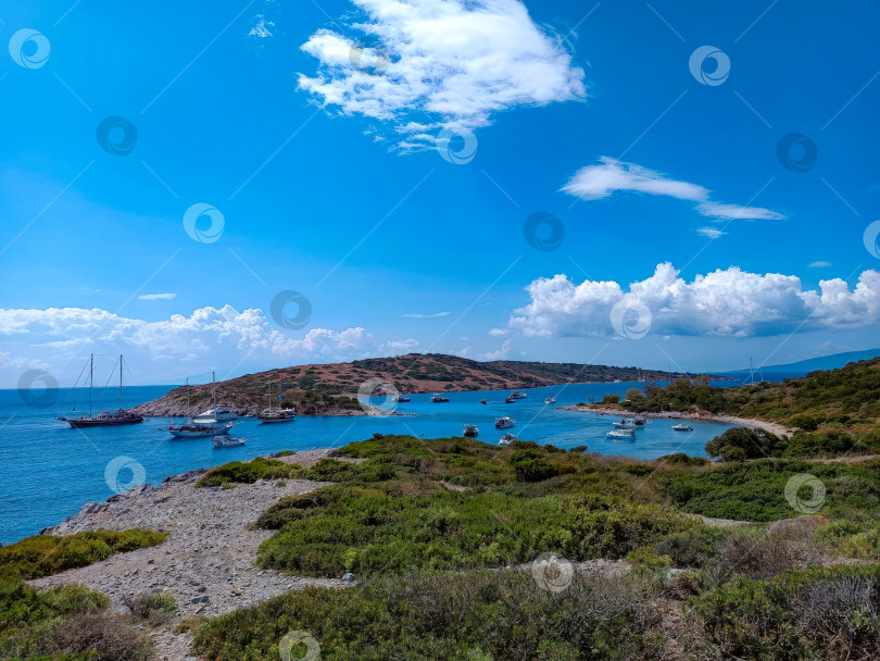 Скачать Пейзаж красивого острова с бухтой. Вид с холма. фотосток Ozero