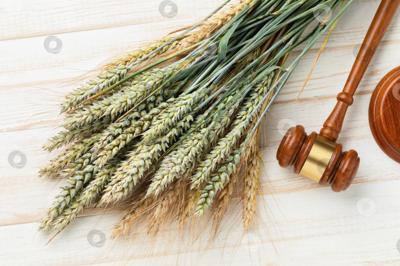 Скачать Молоток и колосья пшеницы с ячменем на светлом деревянном фоне фотосток Ozero