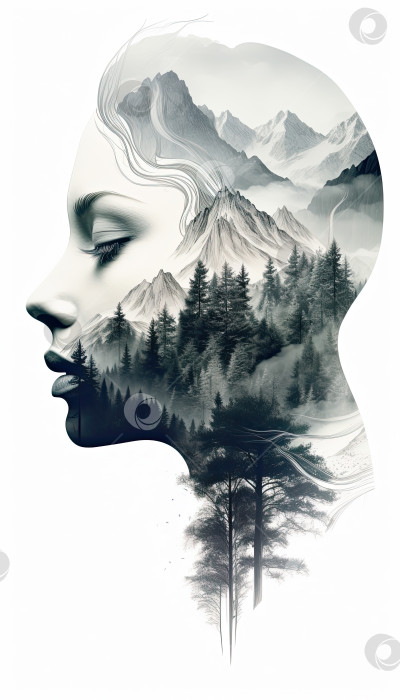 Скачать Изображение молодой красивой девушки и леса с горами. Сгенерированный искусственным интеллектом. фотосток Ozero