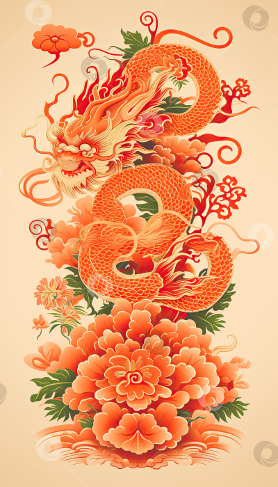 Скачать Рисунок красного китайского дракона в традиционном народном стиле. Сгенерированный искусственным интеллектом. фотосток Ozero
