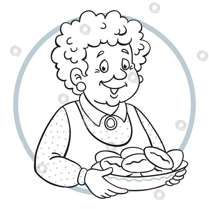 Скачать Симпатичная бабушка с тарелкой пирогов в руках. Значок аватара в мультяшном стиле. Черно-белая картинка для книжки-раскраски. фотосток Ozero