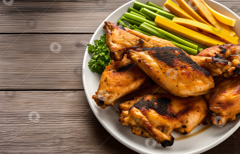 Скачать кусочки курицы-гриль на тарелке с овощами на деревянном фоне фотосток Ozero