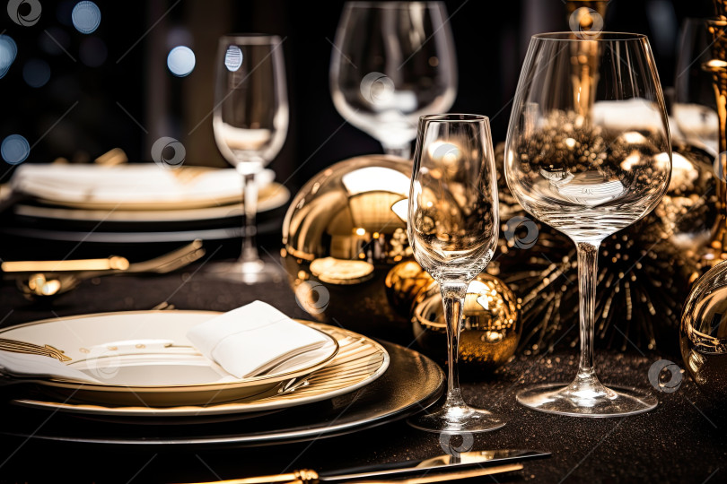 Скачать Новогодняя черная сервировка стола с золотыми украшениями на черном фоне для праздничного ужина и вечеринки. фотосток Ozero