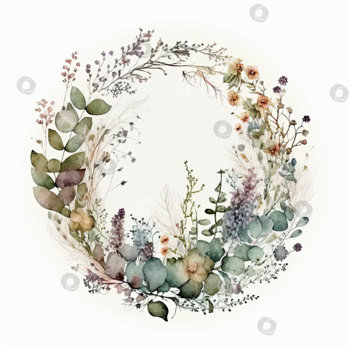 Скачать Акварельный цветочный венок из летних полевых цветов, изолированных на белом фоне. Генеративный искусственный интеллект. фотосток Ozero