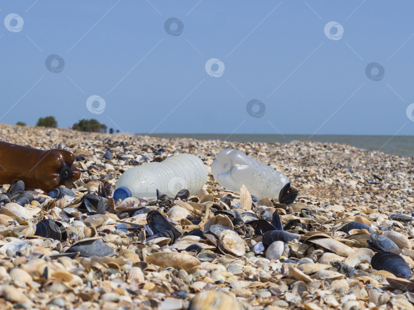 Скачать Экология пляжа. Загрязнение моря пластиковыми бутылками фотосток Ozero