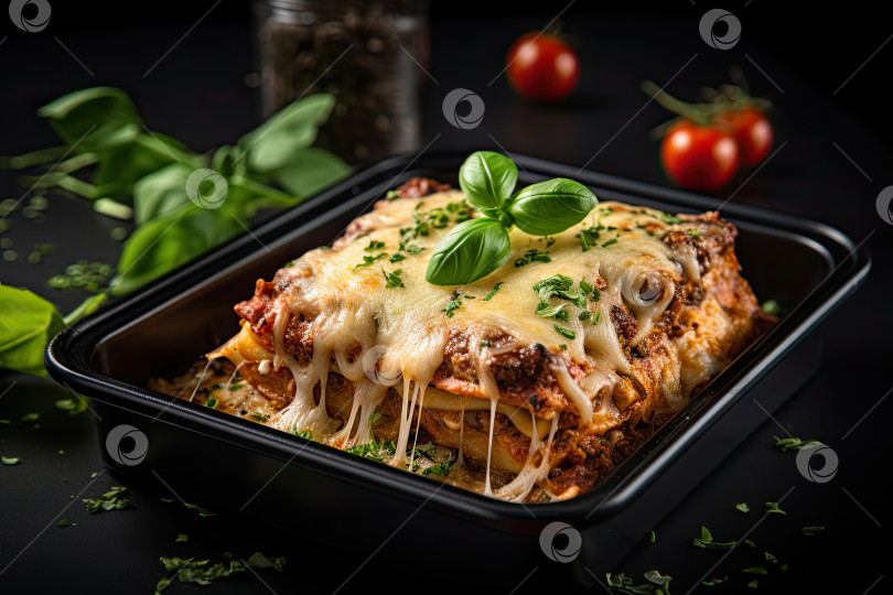 Скачать Вкусная лазанья с мясом, покрытым сыром. Итальянская кухня. Генеративный искусственный интеллект. фотосток Ozero