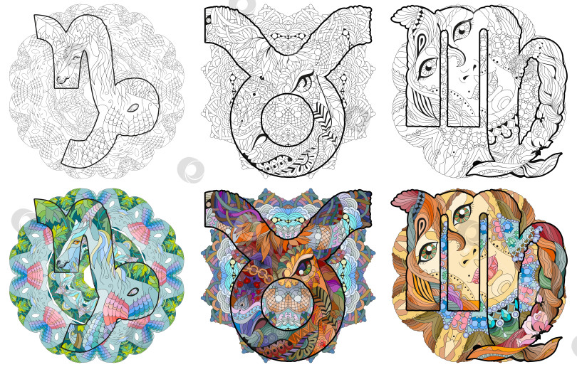 Скачать Стихия Земли - это знаки зодиака Козерог, Дева и Телец с мандалами для раскрашивания. Набор цветов и контуров фотосток Ozero