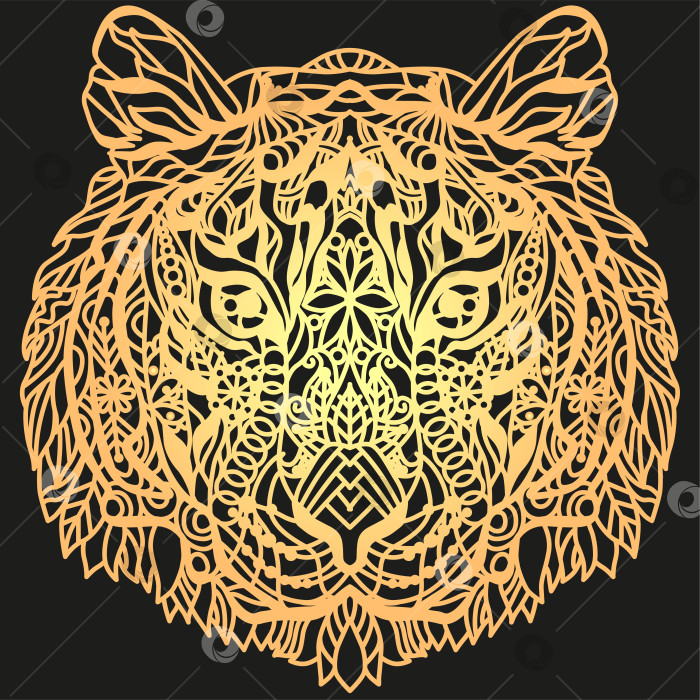 Скачать Треугольная тигриная голова. Нарисованная от руки декоративная векторная иллюстрация. Золотые линии на черном фоне фотосток Ozero