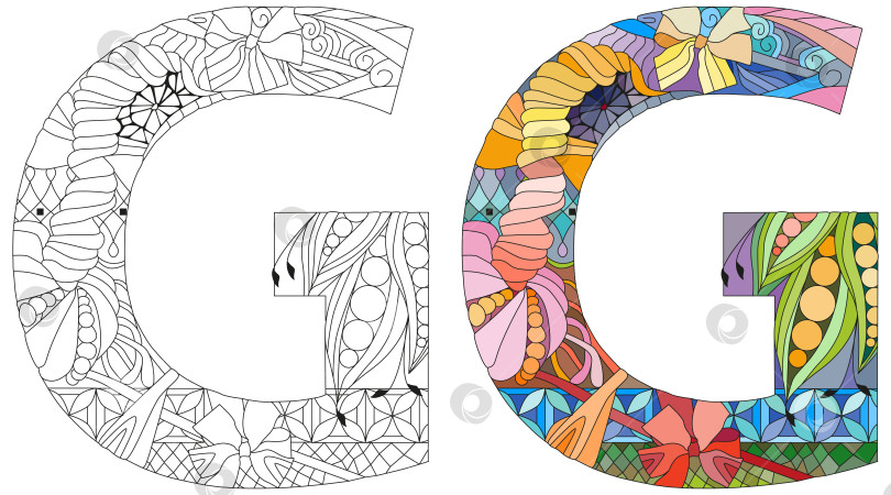 Скачать Монограмма в виде буквы G для раскрашивания, гравировки. Векторная иллюстрация. Набор цветов и контуров фотосток Ozero