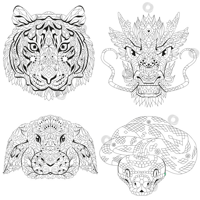 Скачать Зентангл с головами тигра, дракона, кролика и змеи. Нарисованная от руки декоративная векторная иллюстрация для раскрашивания фотосток Ozero